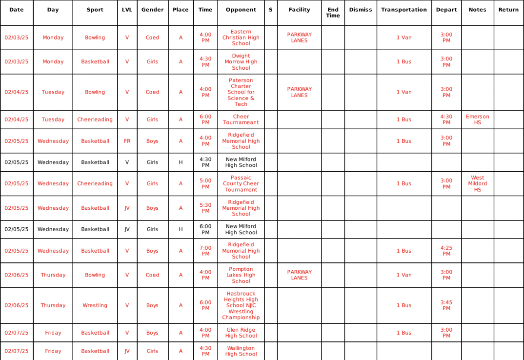 Weekly Sports Schedules